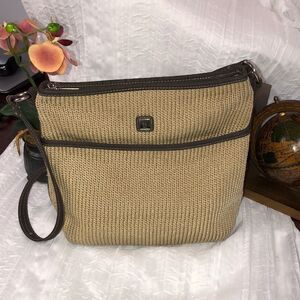lina Woven Knit Macrame Thread Vinyl Combo Hobo Tan Brown Shoulder Bag